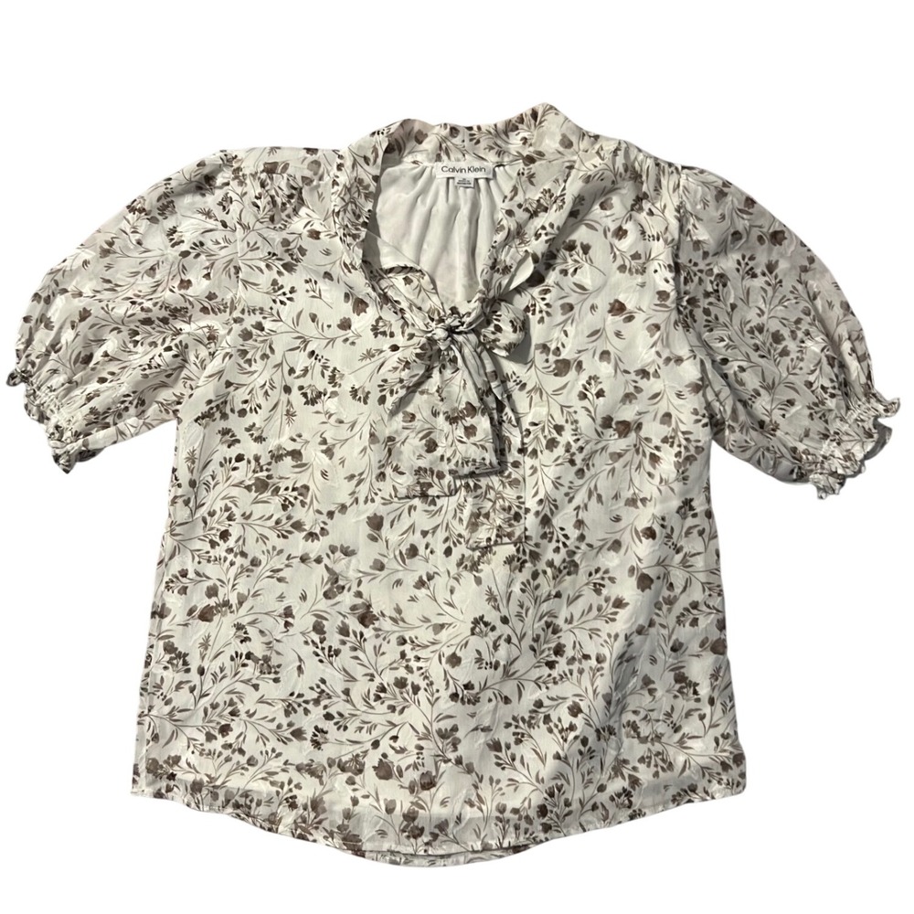 Calvin Klein Women's Blouse Medium White Brown Floral Print Bow Neck Puff Sleeve